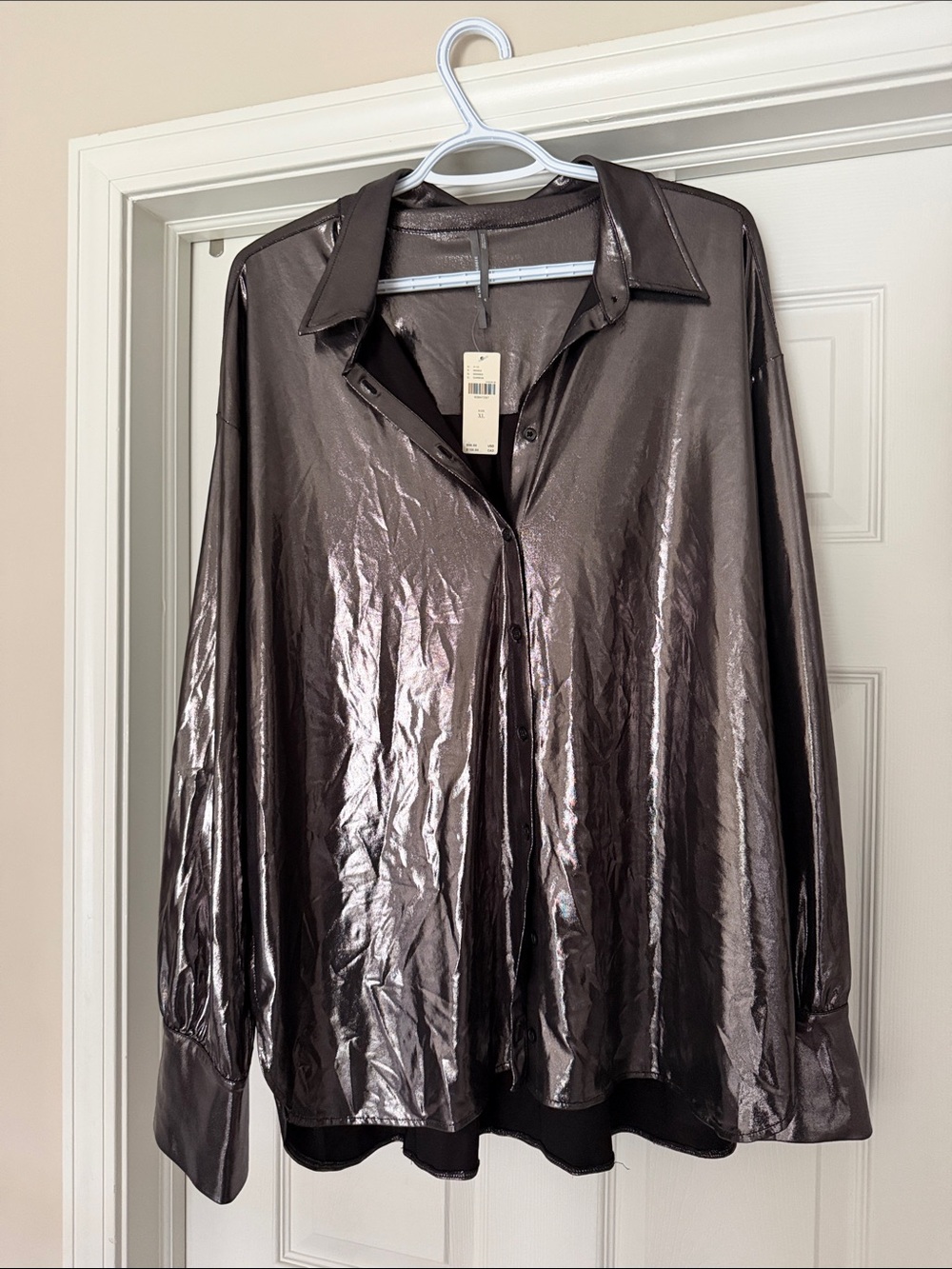 Anthropologie Shiny Metallic Black/Silver Button-Down Blouse